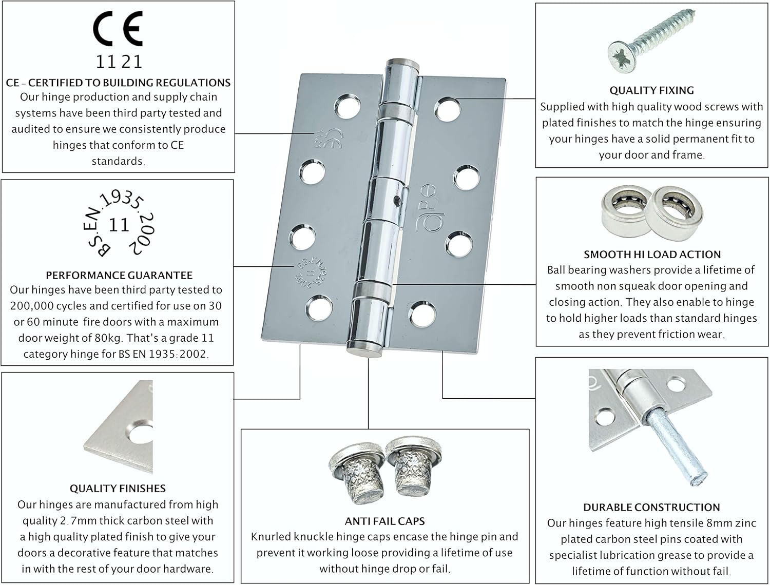 Door Hinge 4" / 102mm Polished Chrome Ball Bearing Washer CE Grade 11 for Fire Door 3 Pair - Image 3