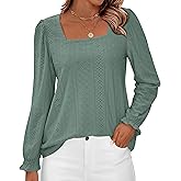 Okiwam Womens Long Sleeve Shirts Fall 2026 Square Neck Dressy Casual Blouses Eyelet Tunic Tops Fashion Outfits Clothes