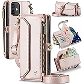 Strapurs Wallet Case Compatible with iPhone 12 / iPhone 12 Pro RFID Blocking 7-Card Holder PU Leather Magnetic Snap Shoulder Strap Zipper Pocket Phone Case Fit for iPhone 12 Pro - Rose Gold