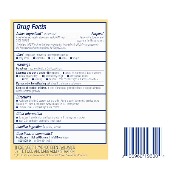 BOIRON OSCILLOCOCCINUM FOR RELIEF FROM FLU-LIKE SYMPTOMS OF BODY ACHES, HEADACHE, FEVER, CHILLS, AND FATIGUE – 60 COUNT (2 PACK OF 30)