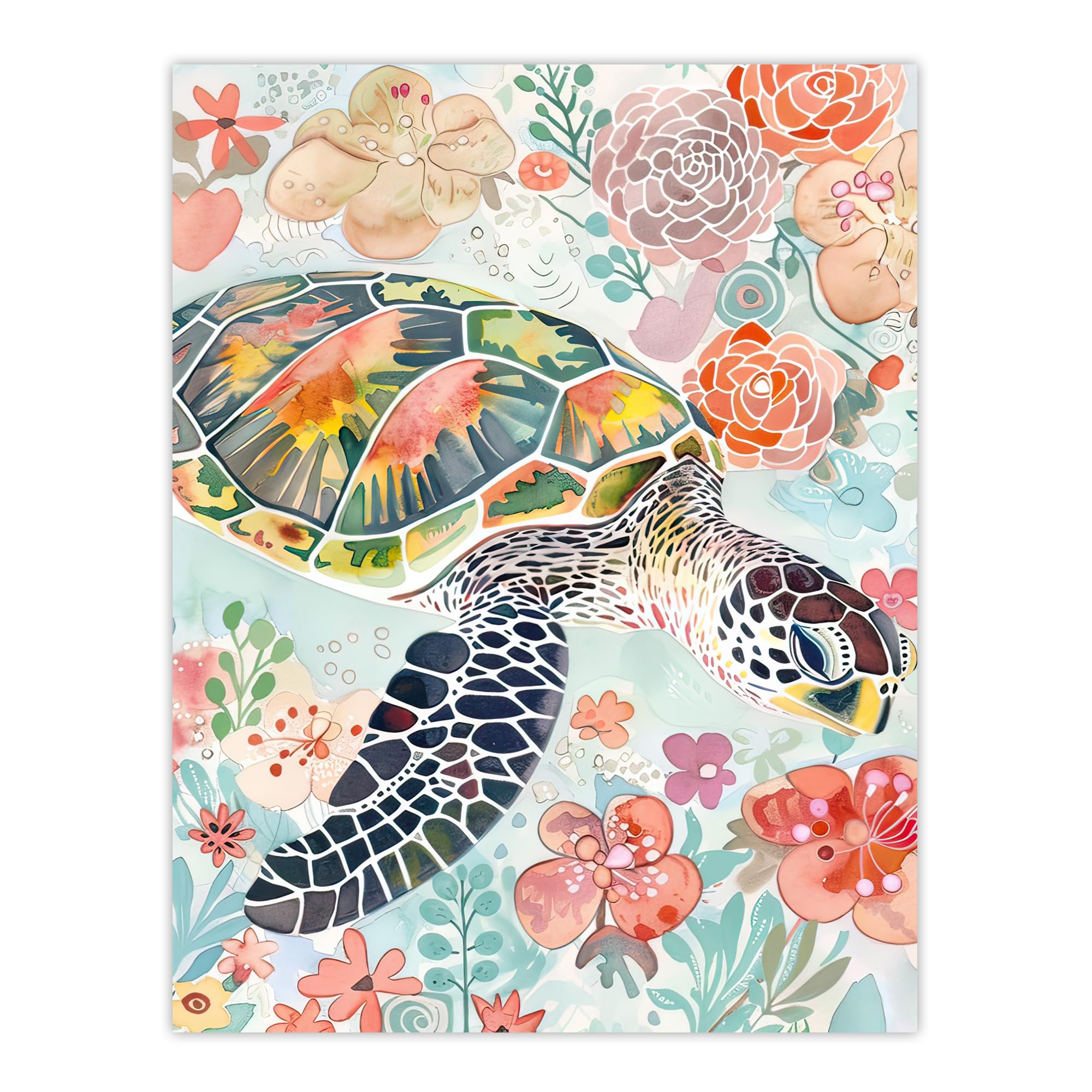 Artery8 Colourful Sea Turtle Marine Flowers Watercolour Bathroom Toilet Extra Large XL Wall Art Poster Print