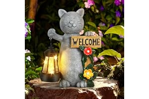 Json Garden Statue Solar Cat Figurine with Lantern, Solar Garden Decorations Statues for Patio, Balcony, Yard Ornament, Unique House Warming Gifts Figurine Lights, Gifts for Women, Mom