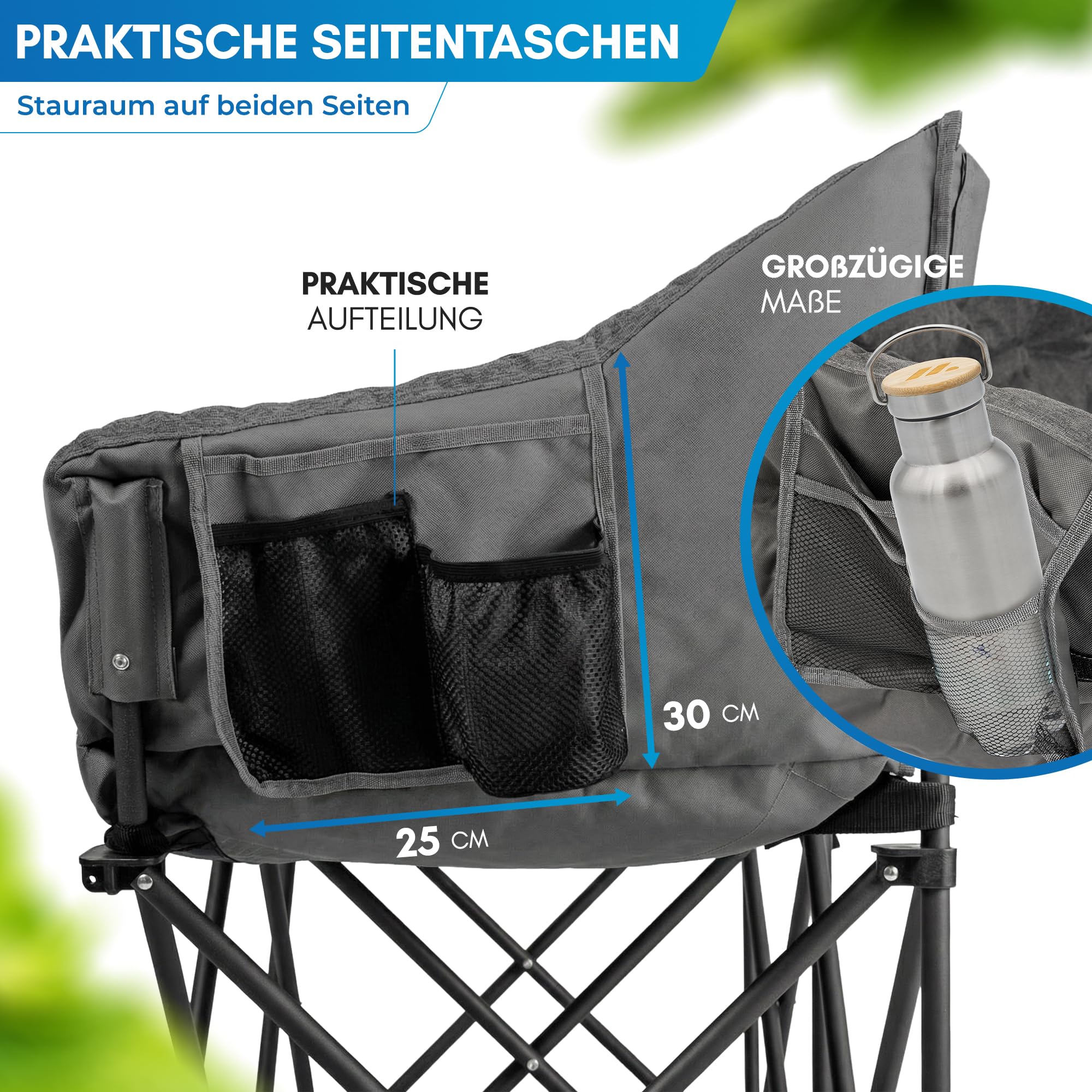 NORDMUT® Campingsofa faltbar für 2 Personen – stabile Camping Couch 320 kg belastbar – komfortabler Doppel Campingstuhl faltbar mit extra Dicker Polsterung (Aschgrau) 5