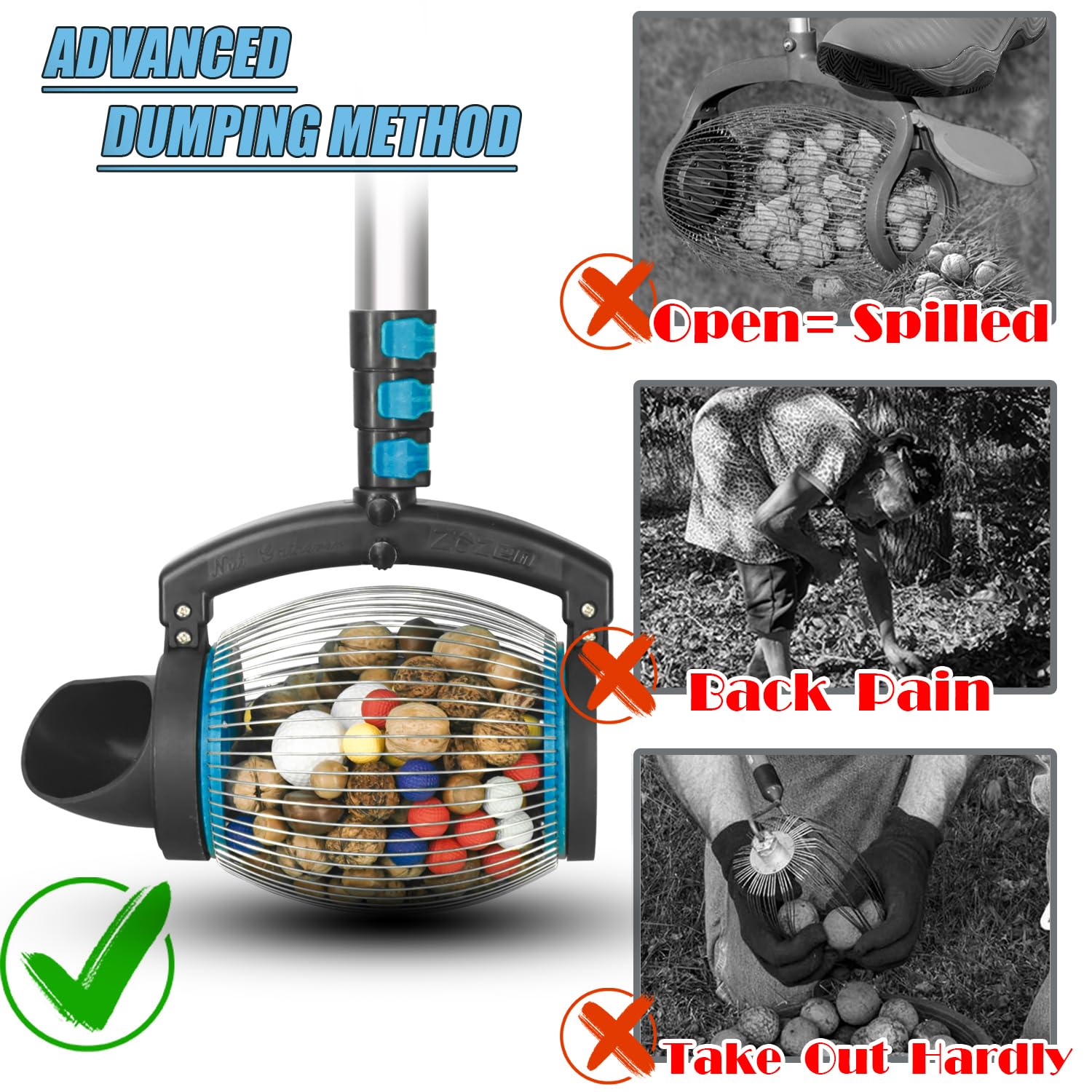 Zozen Nut Gatherer, Acorn Picker Upper, Pecan Picker Upper - Directly Dump Outlet, Apply to Acorn, Pecan, Buckeyes, Hickory Nuts, Nerf Balls, Golf Balls, Objects Size 3/8'' to 1''; 1 Gallon