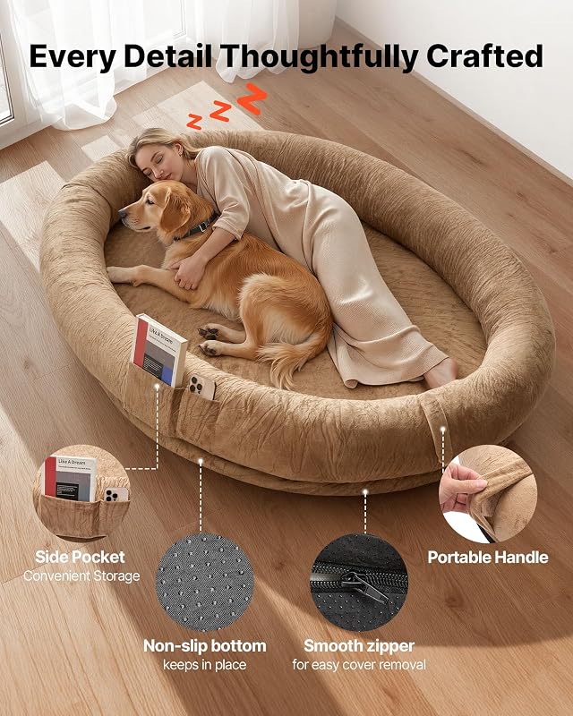 Cama para Perros de Diseño Ovalado, Tamaño Humano, 177 x 123 x 24 cm, Ortopédica, de Espuma Viscoelástica, con Bolsillo Lateral, Asa y Cremallera, Funda Extraíble y Lavable a Máquina, Marrón