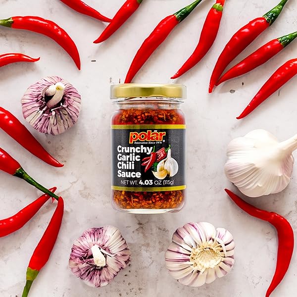 POLAR CRUNCHY GARLIC CHILI SAUCE 4.03OZ (PACK OF 1), EXTRA CRISPY CHILI OIL, SAVORY UMAMI TOPPING, GOOD ON EVERYTHING, GOURMET HOT SAUCE, SAVORY CONDIMENT, VEGAN FRIENDLY, GOURMET HOT SAUCE, NO MSG, CHILI CRISP