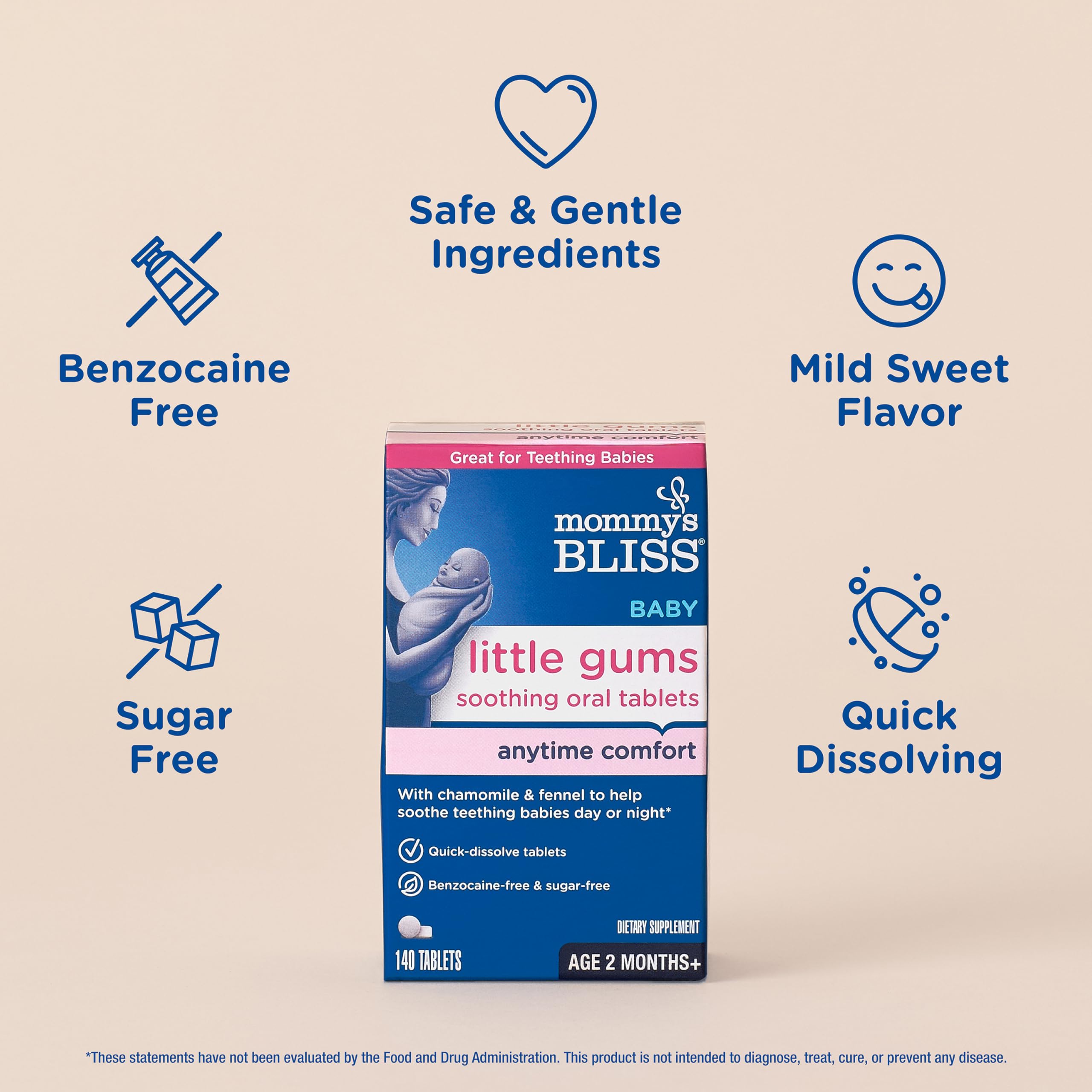 Mommy's Bliss Little Gums Soothing Oral Tablets, Great for Teething Babies, Benzocaine-Free & Sugar-Free, 2 Months+, 1 Bottle (140 Tablets)