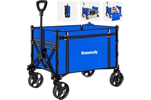 Eusuncaly Collapsible Wagon with Wheels, Wagons Carts Foldable, Heavy Duty Folding Utility Cart for Grocery, Camping, Shopping, Sports, Garden, Fishing, Blue