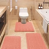 ACCUMTEK Striped Coral Bathroom Rug Set 3 Pieces Ultra Soft, Non Slip Chenille Toilet Mat, Absorbent Plush Shaggy Bath Mats for Bathroom, Bedroom, Kitchen