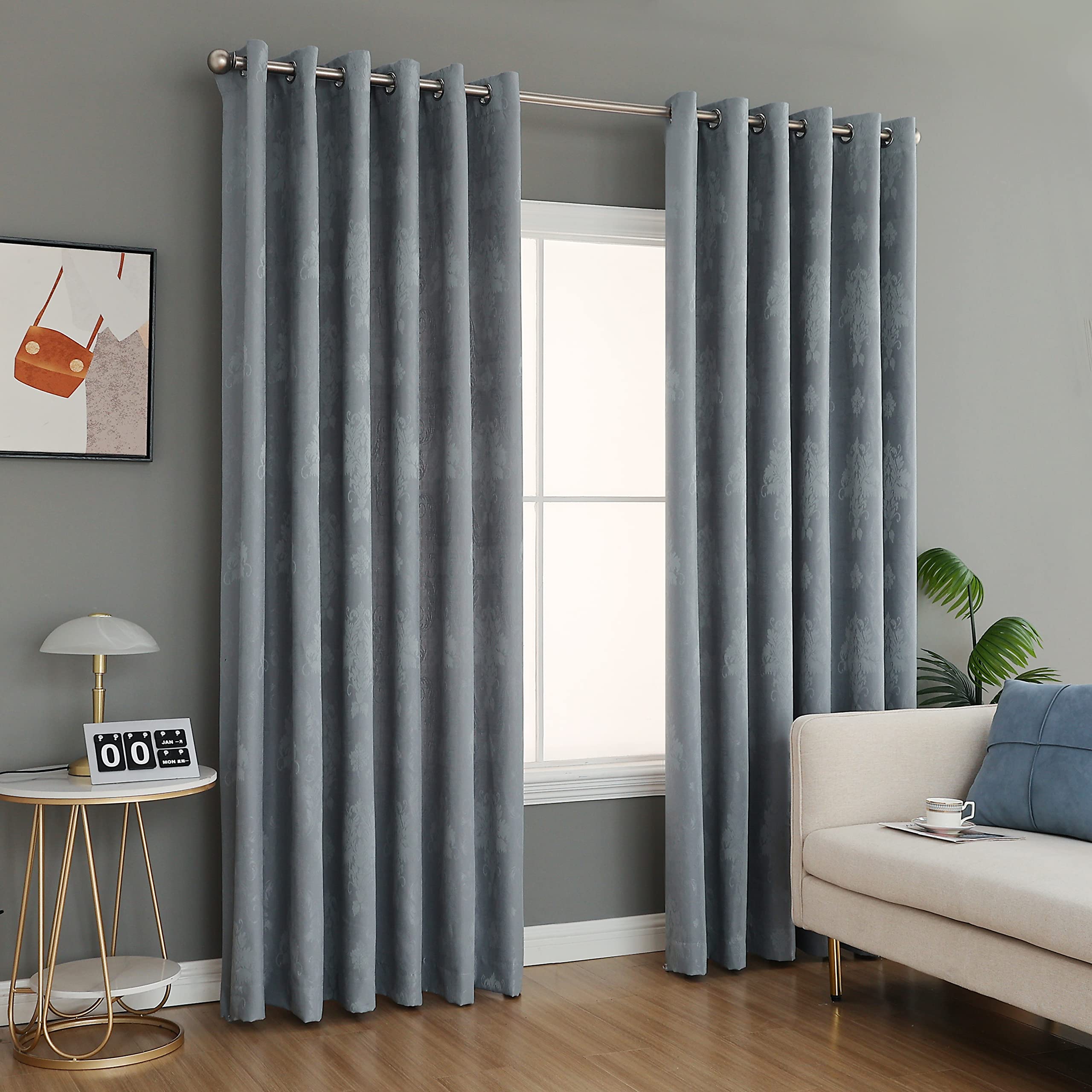 PRIME LINENS Curtain for Living Room Ring Top Jacquard Fully Lined Modern Panels Eyelet Curtain for Bedroom Window with 2 Free Tie Backs (Silver, W 66" x L 72")