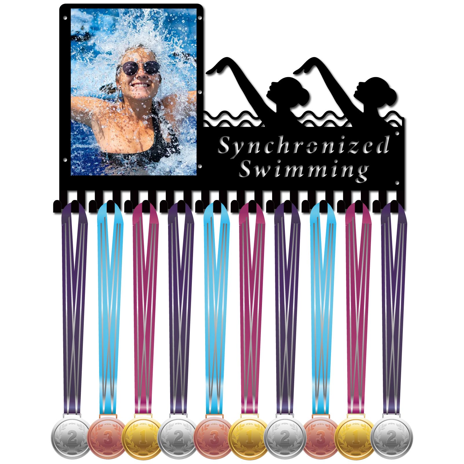 CREATCABIN Synchronized Swimming Medal Hanger Display Swim Medals Holder Rack with Photo Frame Metal Sports Hanging Athlete Awards Wall Mount with 20 Hooks for Swimmer Ribbon Medals Black 16.5x9.8Inch