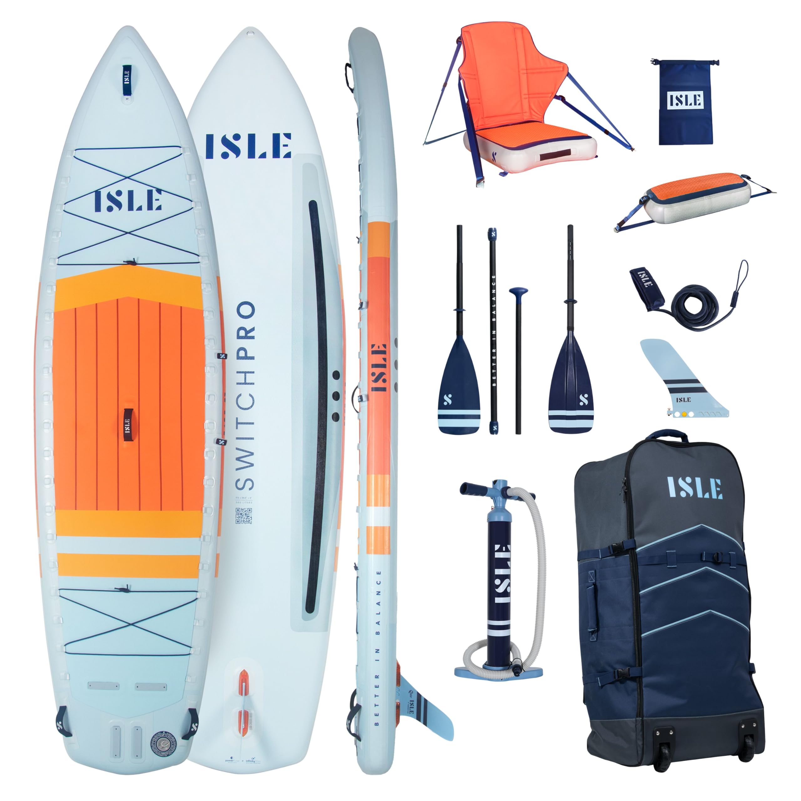 Photo 1 of ISLE Switch Pro Inflatable Hybrid Kayak-Stand Up Paddle Board | 2in1- Kayak & Paddle Board Bundle, Incl. Kayak Seat, Paddle, Pump, Travel Bag, 11.6 x 35.5X 6 in - max. 425 lbs - Ice/Coral/Sun