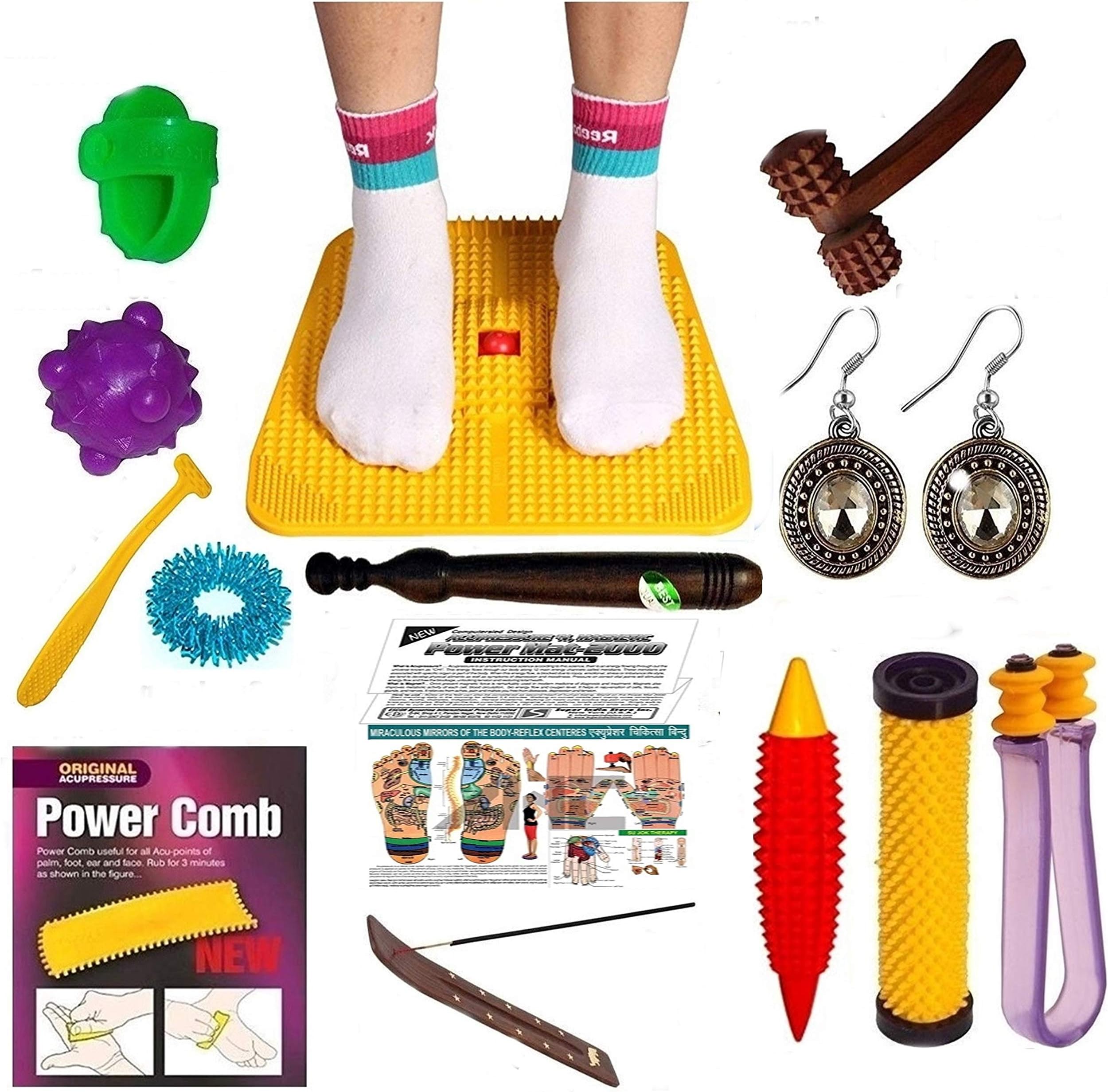 ESCORB Acupressure Power Mat 2000 with Pyramids Magnets n Thai Foot Massage Stick n Total Health Care Products Kit also Boost the Immune System ESC-AM31T (Yellow)