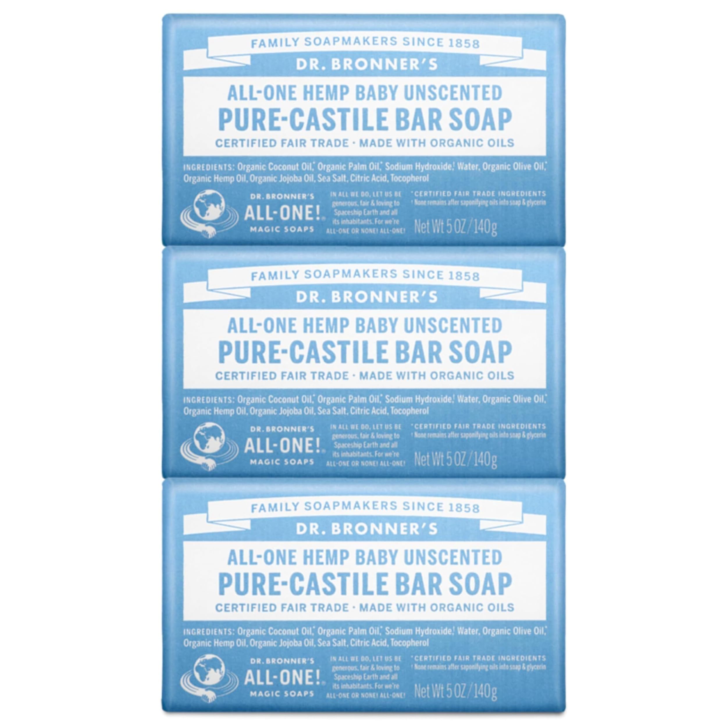 Dr. Bronner's Pure-Castile Bar Soap - Baby Unscented, 5oz. Bars (Pack of 3)