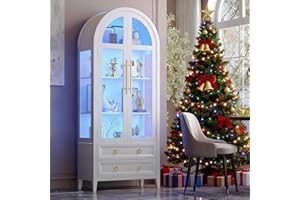 Vlsrka 71 Inch Arched Curio Cabinet, 4-Tier Display Cabinet and 2 Drawers, Tall Bookcase with 3 Color Lights, Display Case with Glass Doors, Kitchen Pantry, White