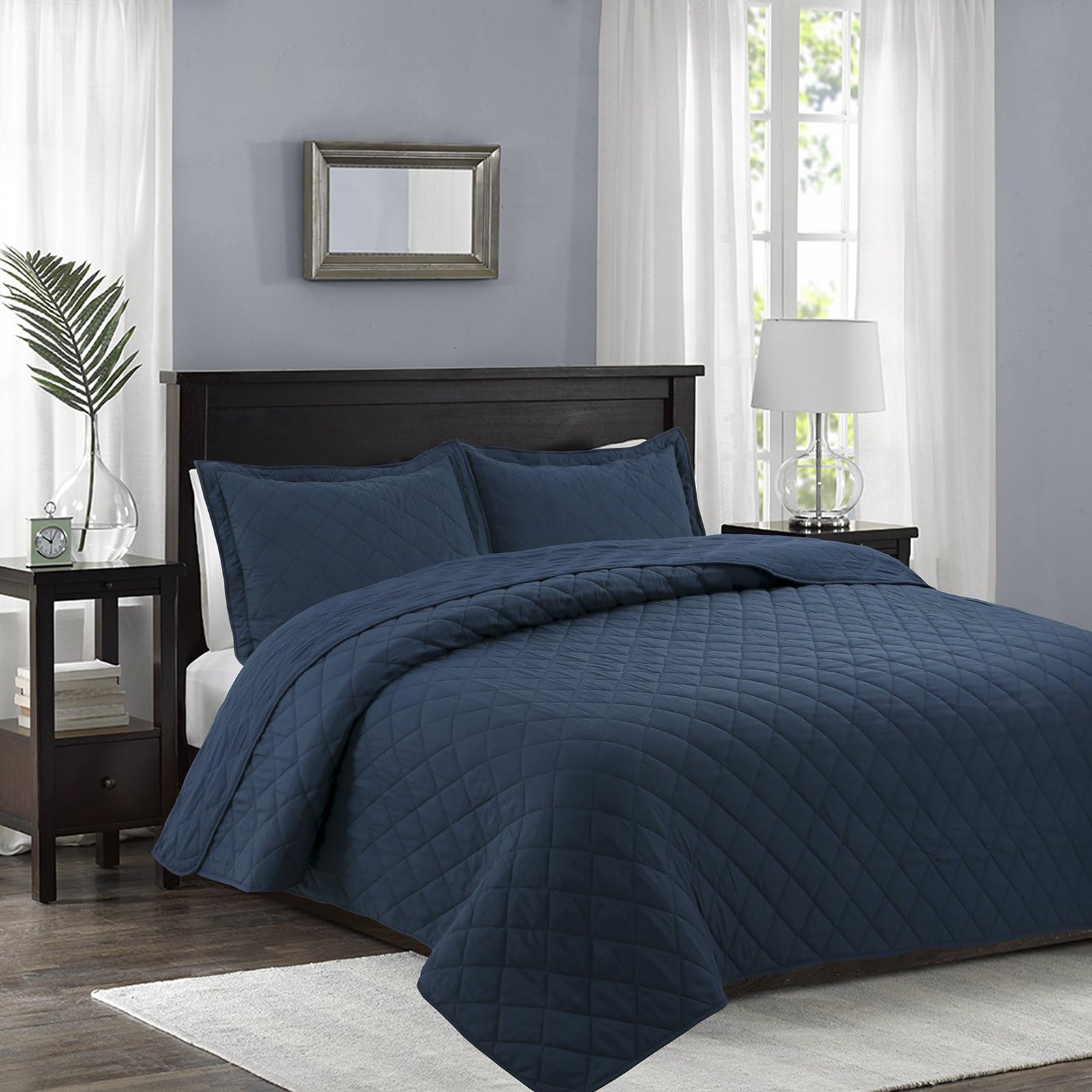 YESHOME Quilt Set Navy Full/Queen Size（90"x 96"）-Hypoallergenic Diamond Pattern Soft Bedspread Microfiber Coverlet for All Season-2 Piece（Include 1 Quilt，2 Shams）