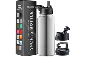 FineDine Water Bottle - Stainless Steel Insulated Water Bottle with Straw Lid, Flip Lid & Wide-Mouth Cap - Keeps Hot and Cold
