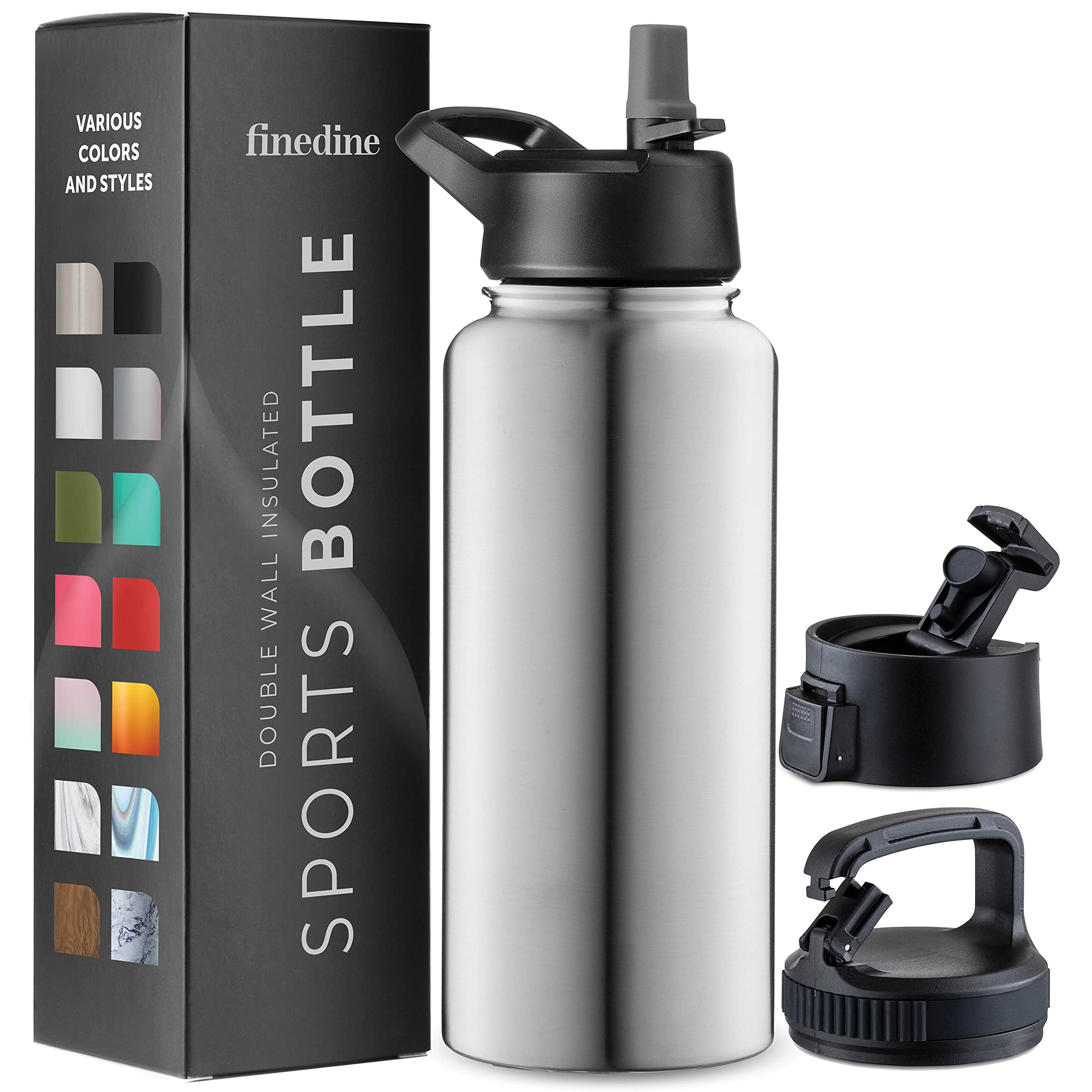 FineDine Water Bottle - Stainless Steel Insulated Water Bottle with Straw Lid, Flip Lid & Wide-Mouth Cap - Keeps Hot and Cold - 32 Oz / 946ml - Brushed Stainless Steel