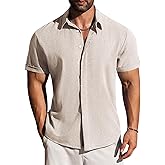 LETSEE Linen Shirts for Men Short Sleeve Blouse Button Down Dress Untuckit Shirts Beach Summer Wedding Hawaiian Outfit