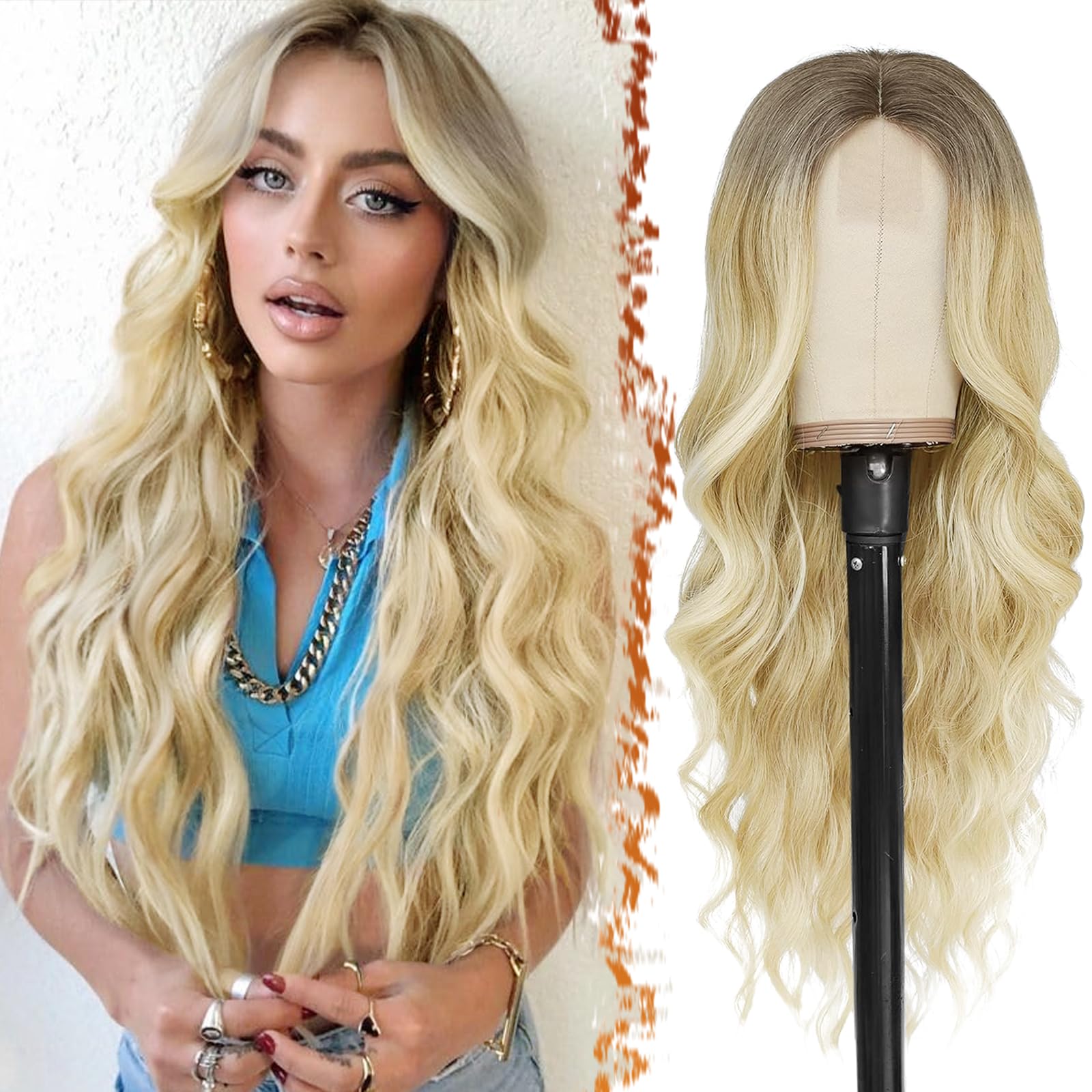 BARSDAR Long Blonde Wavy Wig - 26 Inch Middle Part Lace Front Natural Soft Synthetic Hair - Ombre Blonde