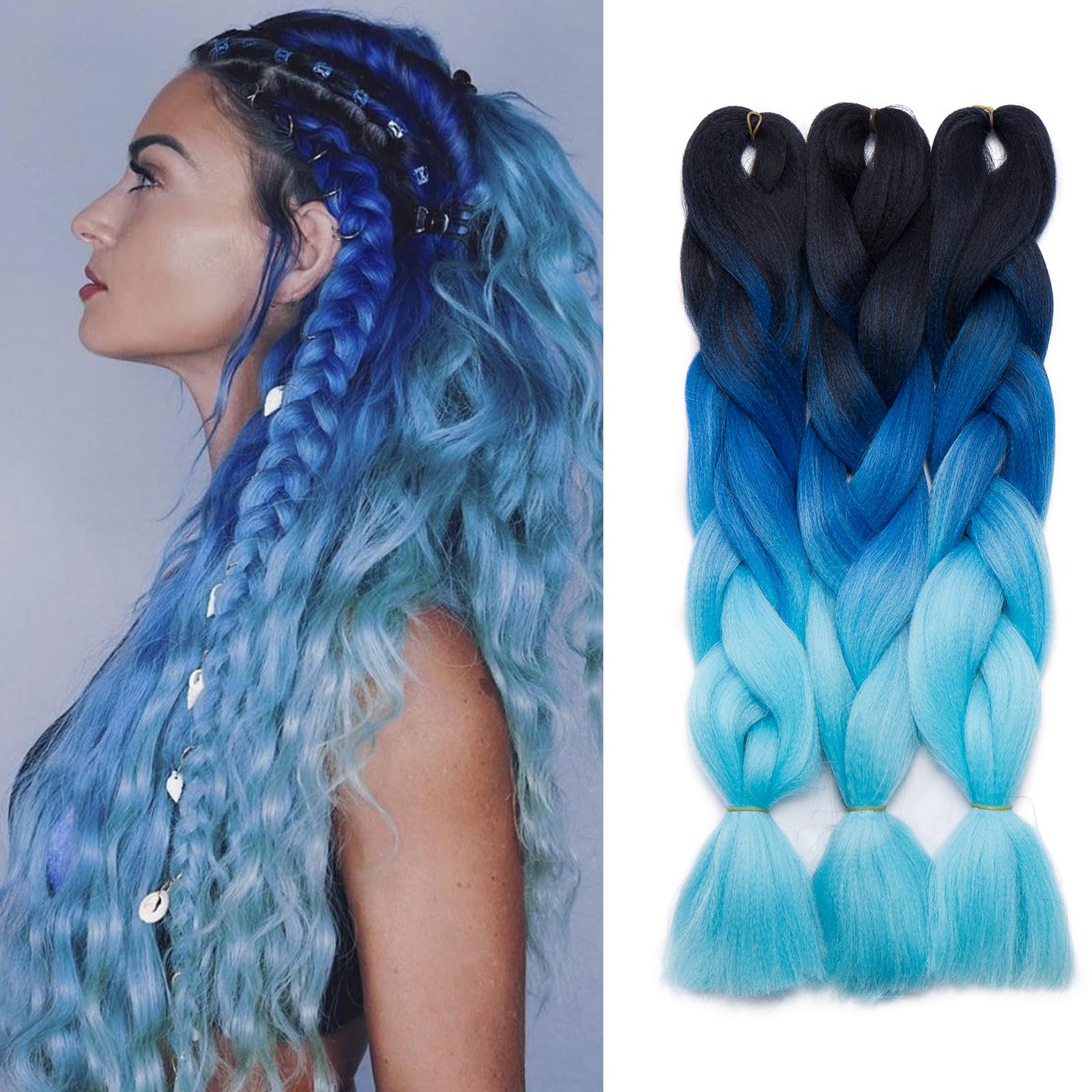 Silk-co 24" Wholesale 3 Pcs Ombre Crochet Jumbo Braid 300g Braiding Hair Extension Afro Braid Synthetic Hair [Blue ombre 1] — image 1