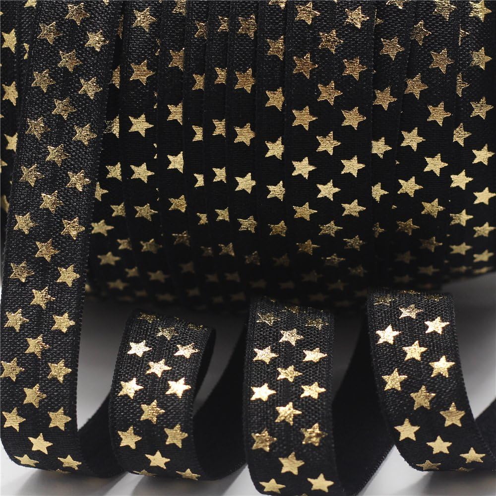 mdribbon Value Pack 5/8" 10 Yds/Pack (16mm Wide 9.144 Meters Length) Gold Star Print Stretch Fold Over Elastic Ribbon-For Hair Tie Hair Band Headband Accessories-Black Color