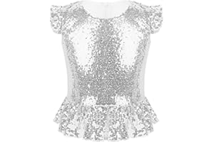 Manyakai Kids Girls Sequins Ruffled Sleeves T-Shirts Top Peplum Shirts Modern Dance Crop Tops