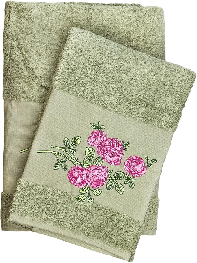Amazon.com: XXL Premium Quality Rose Design Green Bath & Hand Towel Set ...