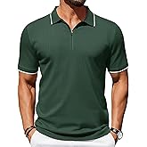 Cotrasen Mens Zipper Polo Shirts Short Sleeve Dual Tipped Collar Golf Shirts Fashion Textured Slim Fit T-Shirts