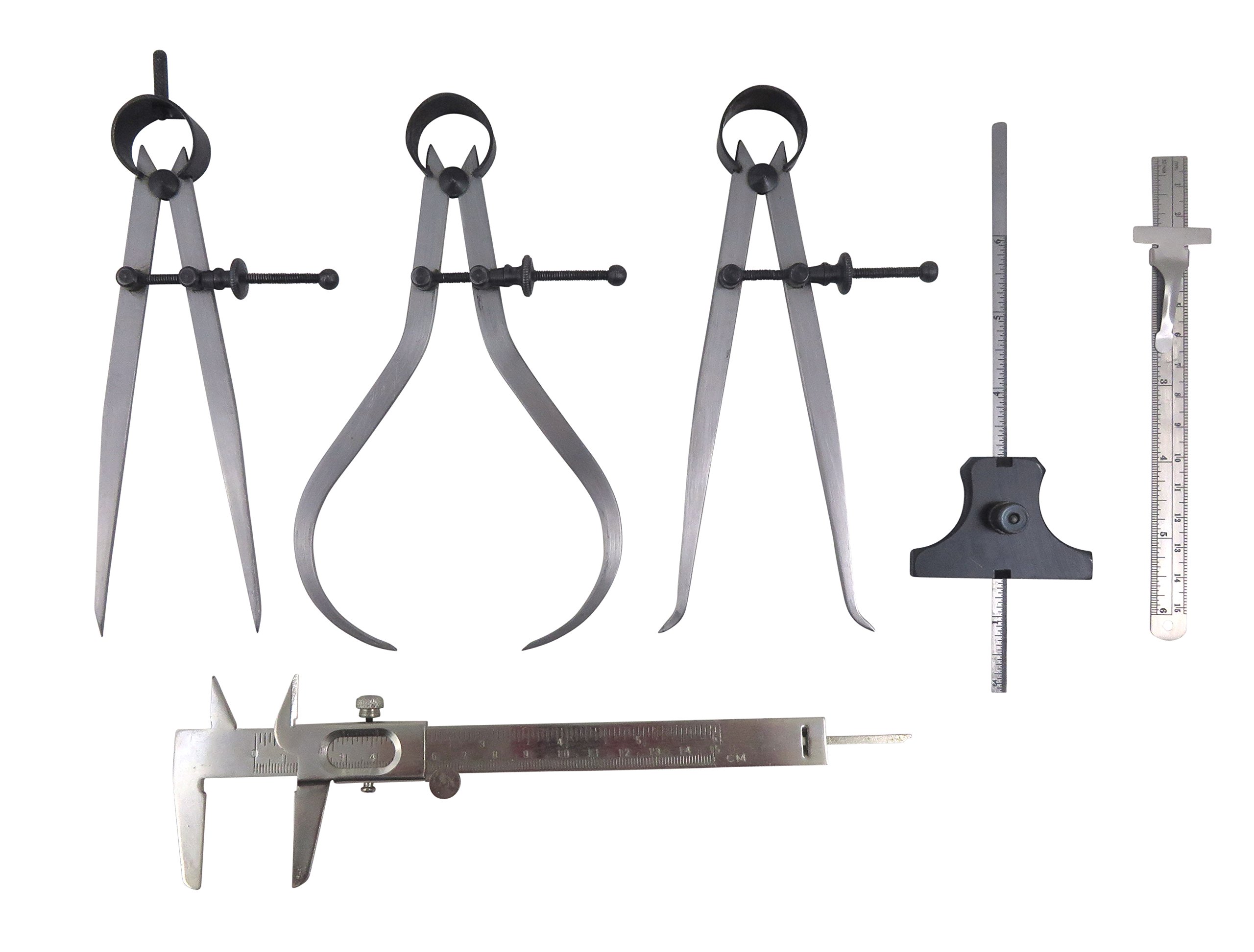 Photo 1 of Taytools 6 Piece Measuring Set/Kit with 6" Spring Dividers, Inside & Outside Calipers, Depth Gauge, Pocket Ruler, Vernier Caliper 113500