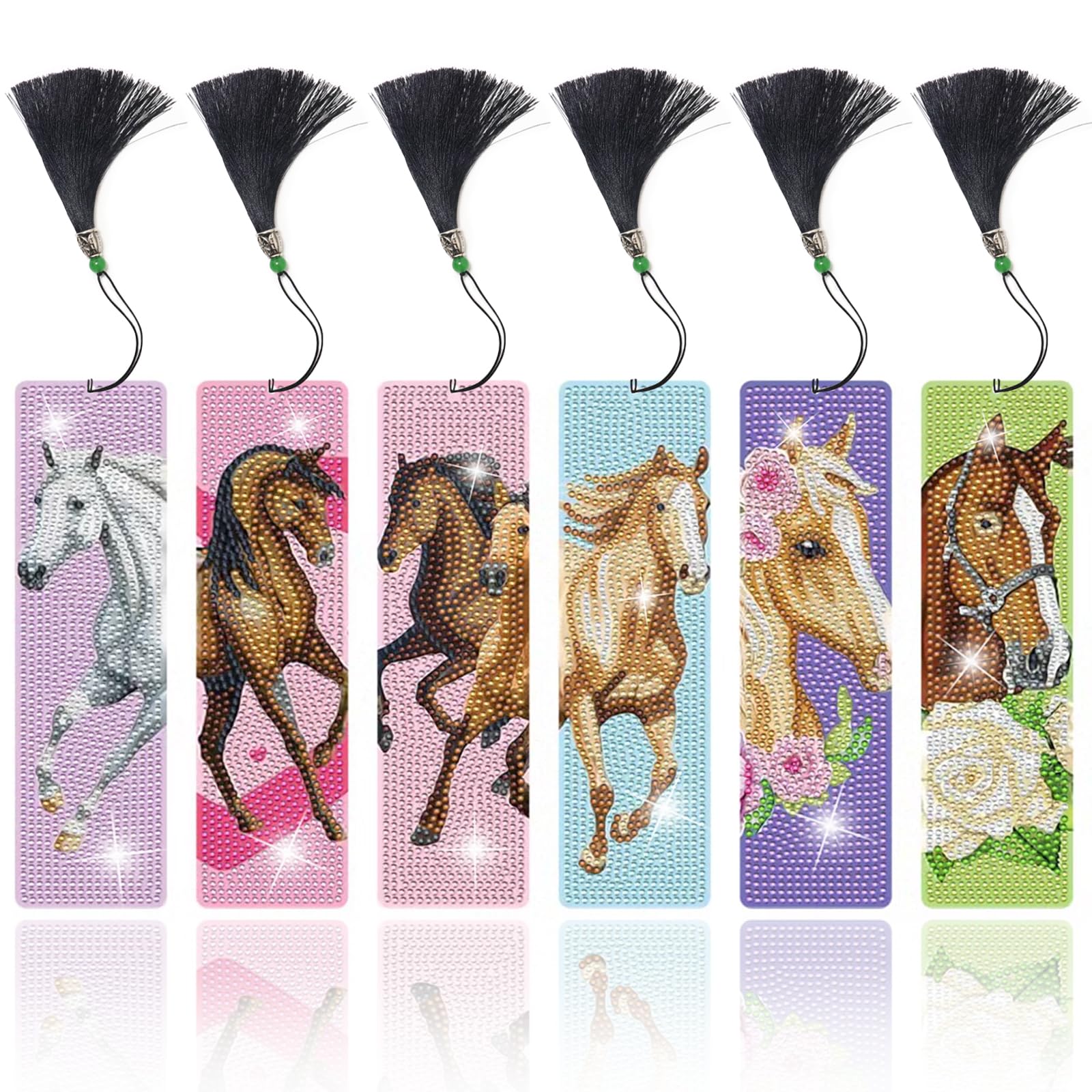 Lymshine Diamond Art Bookmarks Kits, 6 Pcs Diamond Painting Horse Bookmarks with Crystal Pendant, Arts and Crafts Kits for Adults, Book Lovers, Horse Lovers