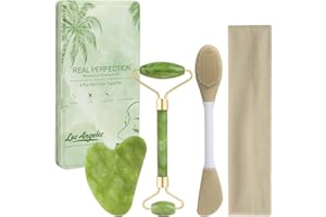 Real Perfection Gua Sha Facial Tools Face Roller for Wrinkles Jade Roller and Gua Sha Set, Scrubber Pore Brush Headband Skin Care Tools for Travel Skincare Routine Massaging Reducing Puffiness - Green