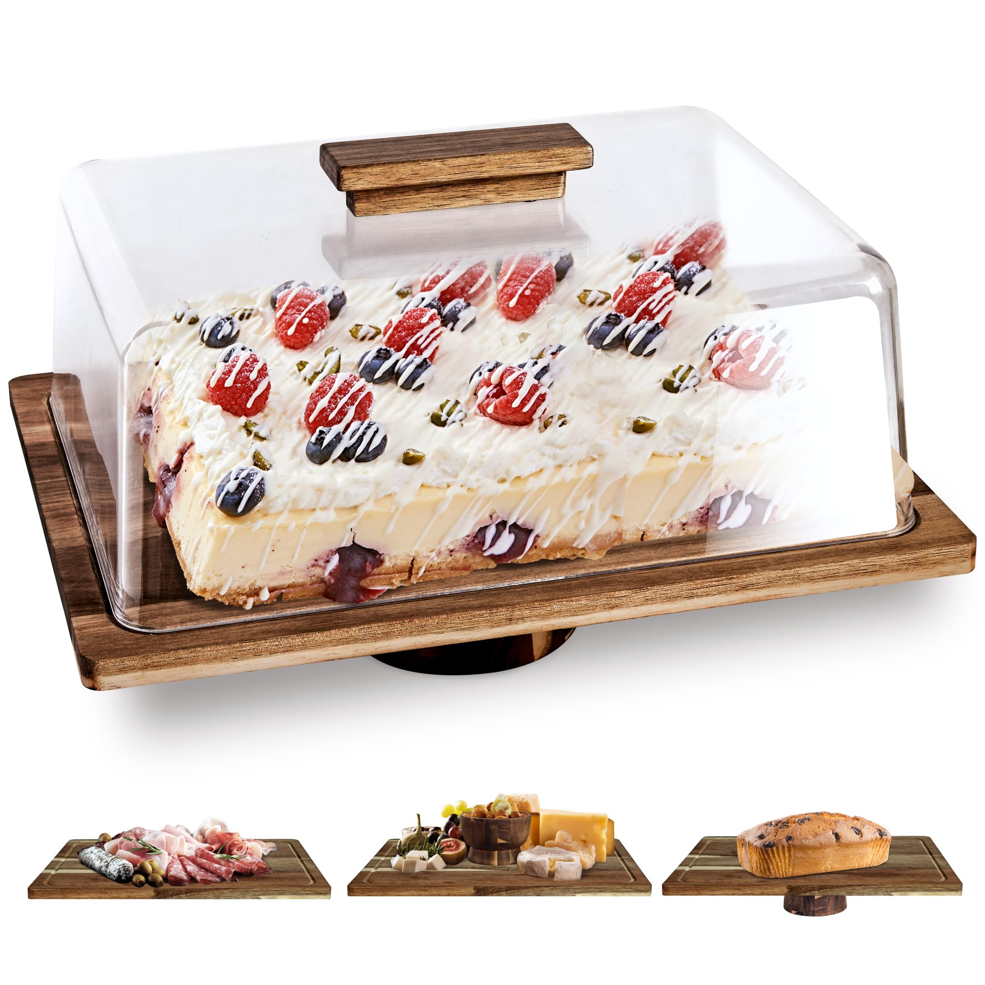 Photo 1 of NWK 3-in-1 Acacia Wood Cake Stand with Dome Rectangular 15.5 x 12 inch Rustic Dessert Plate with Base, Food Serving Platter with Bowl, Charcuterie Cheese Board, Acrylic Cover Shatterproof (Wood)