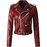 Jhichic Women's Faux Leather Textured Short Moto Jacket Zip-up Slim PU Biker Coat with Pockets