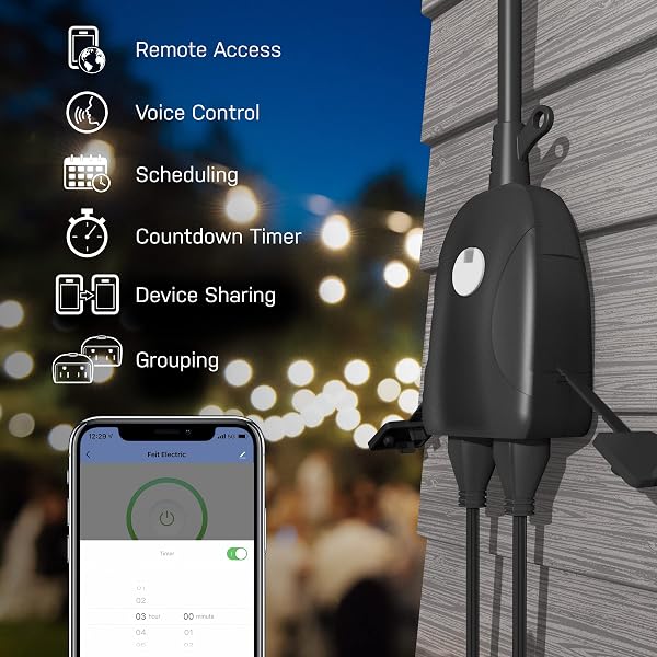 FEIT ELECTRIC SMART OUTDOOR PLUG, WIFI WATERPROOF PLUG, 2 GROUNDED SOCKETS, WORKS WITH ALEXA AND GOOGLE ASSISTANT, APP CONTROLLED, 15 AMP INDOOR/OUTDOOR 2 OUTLET PLUG, BLACK,PLUG/WIFI/WP/3, 3 PACK
