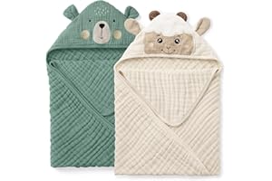 Blissful Diary Muslin Baby Hooded Towel 2 Pack, Soft & Absorbent Bath Towel for Infant, Toddler, Unisex, Baby Gift, Newborn Essentials, Bear & Lamb