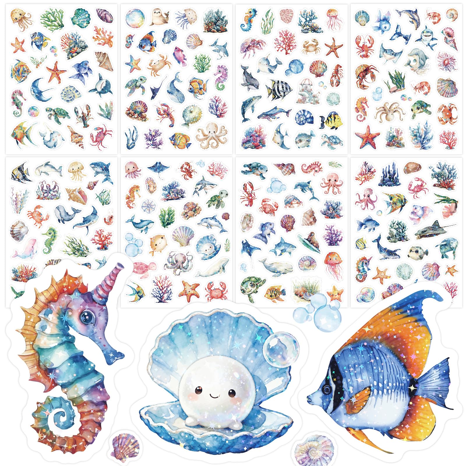 198Pcs Ocean Animals Stickers Set, Vinyl Stickers with Glitter Film, Waterproof Adhesive Shark Sticker, Fish Sticker for Kids, Marine Life Decals Decor for Scrapbook, Bottles and Laptops
