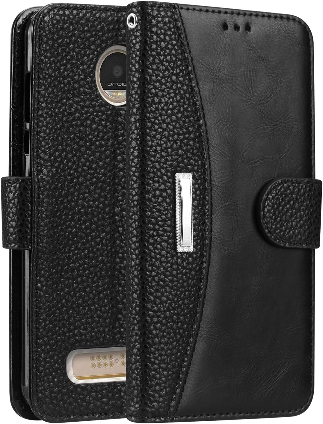 Leather Wallet Phone Case for Moto Z2 Play, IDOOLS Folding Flip Cases Protective Cover Strong Magnetic Closure with Card Slots Kickstand -Black