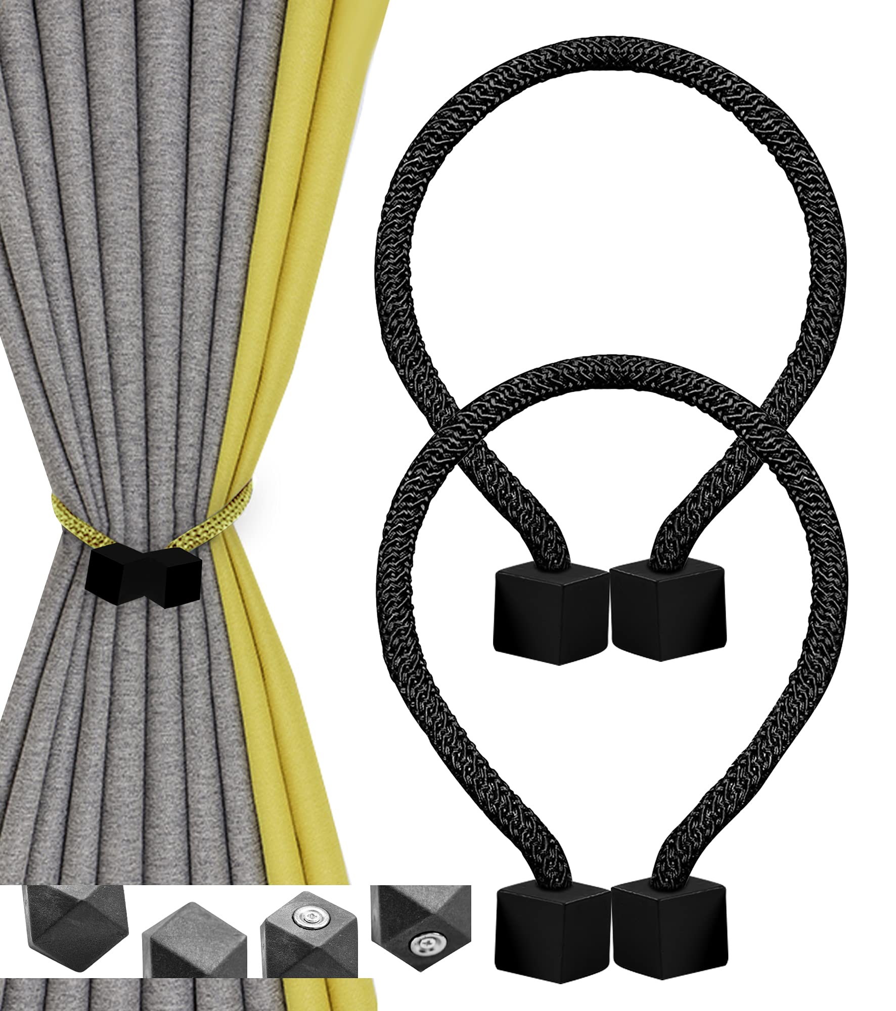 Nimon Magnetic Curtain Tiebacks, Curtain Decorative Rope, Window Curtain Holdbacks Tie Drapery Buckle (Black)