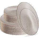 PLASTICPRO 64 Pack Elegant Disposable Plastic Plates Combo Set Includes 32 Dinner Plates and 32 Salad Plates Heavy Duty Fancy Party Plates Grey Granite Plates with Gold rim