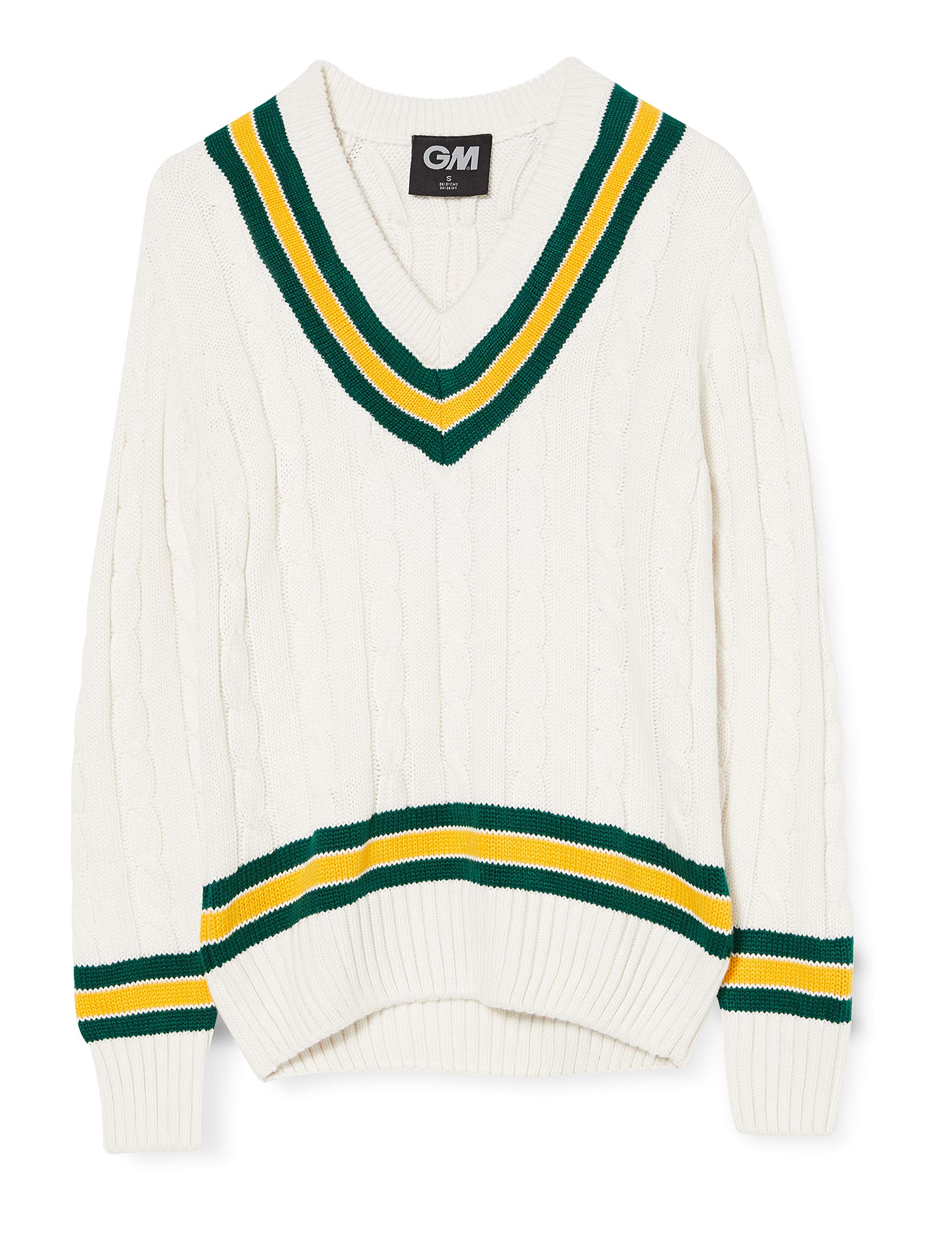 Gunn & Moore GM | Cricket Sweater Jumper Pullover | Classic Heavy Cable Knit | Long Sleeve | Cream with Green & Gold Trimmed Collar | Large Junior to fit Chest 33"