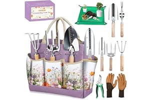 Gardening Tools Set 9-Piece Heavy-Duty Gardening Gifts for Women Mom Wife Gardening Hand Tools with Purple Floral Tote Bag and Repotting Mat, halilus Stainless Steel Garden Supplies Kit