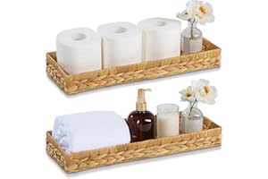BLUEWEST Wicker Toilet Tank Topper Basket (2 Pack) 17'' Water Hyacinth Toilet Paper Basket for Back of Toilet, Durable and Multifunctional Handwoven Bathroom Vanity Tray for Bathroom, Bedroom, Kitchen