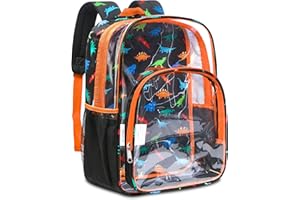 BLUEFAIRY Clear Backpack Heavy Duty Dinosaur Backpack for Boys Large 17" Transparent Bag Stadium Approved See Through Elementary Primary Back to School Bookbag for Kids Black Orange