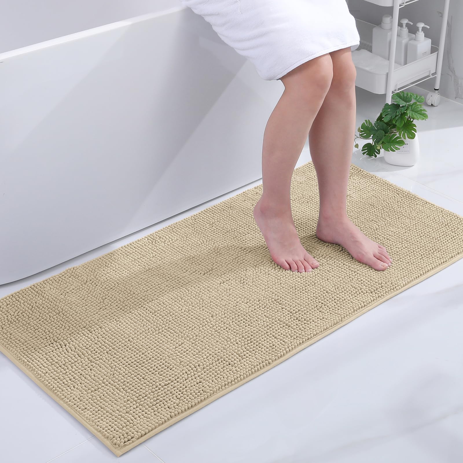 smiry Non Slip Chenille Bath Mat, 60 x 120 cm, Extra Soft Large Bathroom Mat Runner, Highly Absorbent Bath Mats for Bathroom Floor, Machine-Washable Quick Dry Foot Mat, Beige — image 1