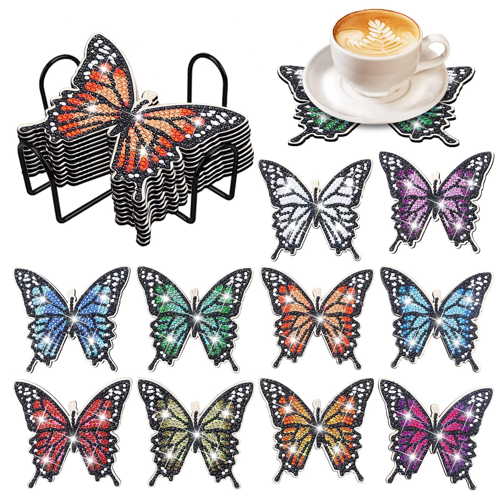 Photo 1 of 10 Pcs DIY Butterfly Diamond Painting Coasters Kit With Holder for Beginners, Adults and Kids - Spring Art Craft Supplies Gift
