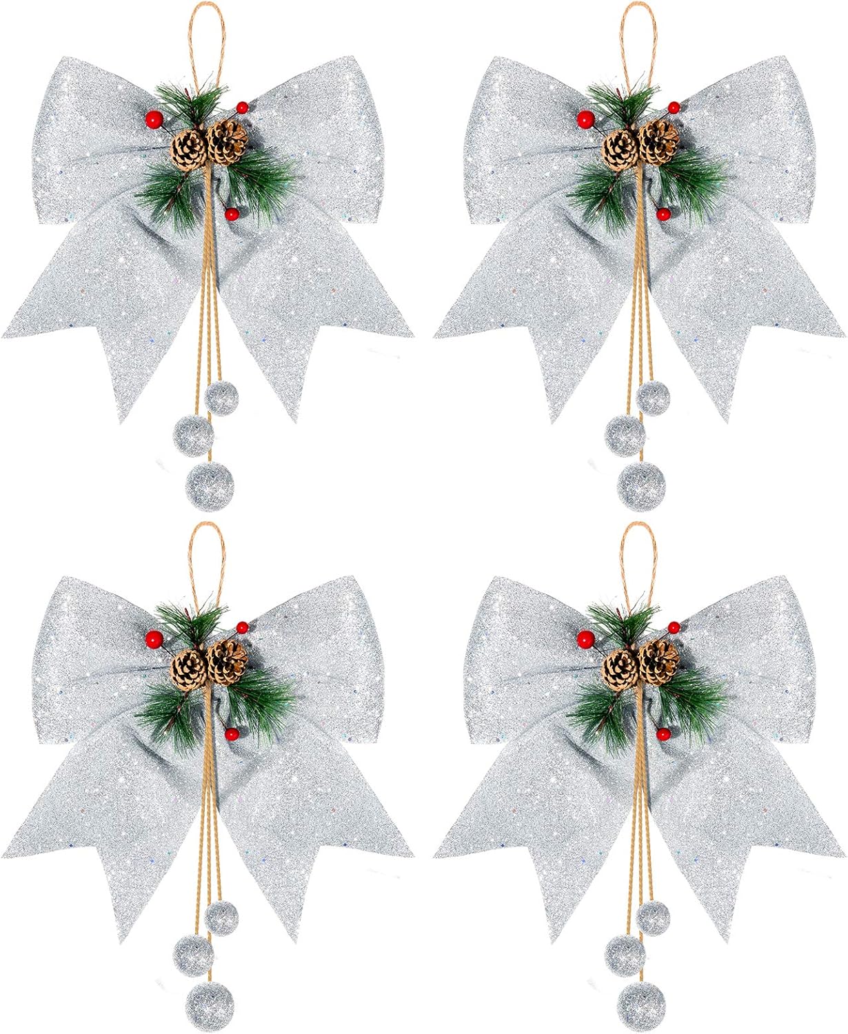 Bows & Ribbons - Whaline 4pcs Christmas Bow, Silver Wreaths Bows, Large Glitter Ribbon Bow Tie, Large Xmas Bows, Wreath Ornament Decor for Christmas Tree Party Gift, 9.8 x 11.8