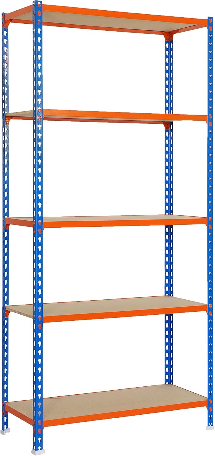 Simon Rack Garage Shelving Unit 1800x900x400 mm, 5 Tier Metal Rack with 16 mm MDF Shelves, 150 kg per Shelf, Blue/Orange/Wood - Image 4
