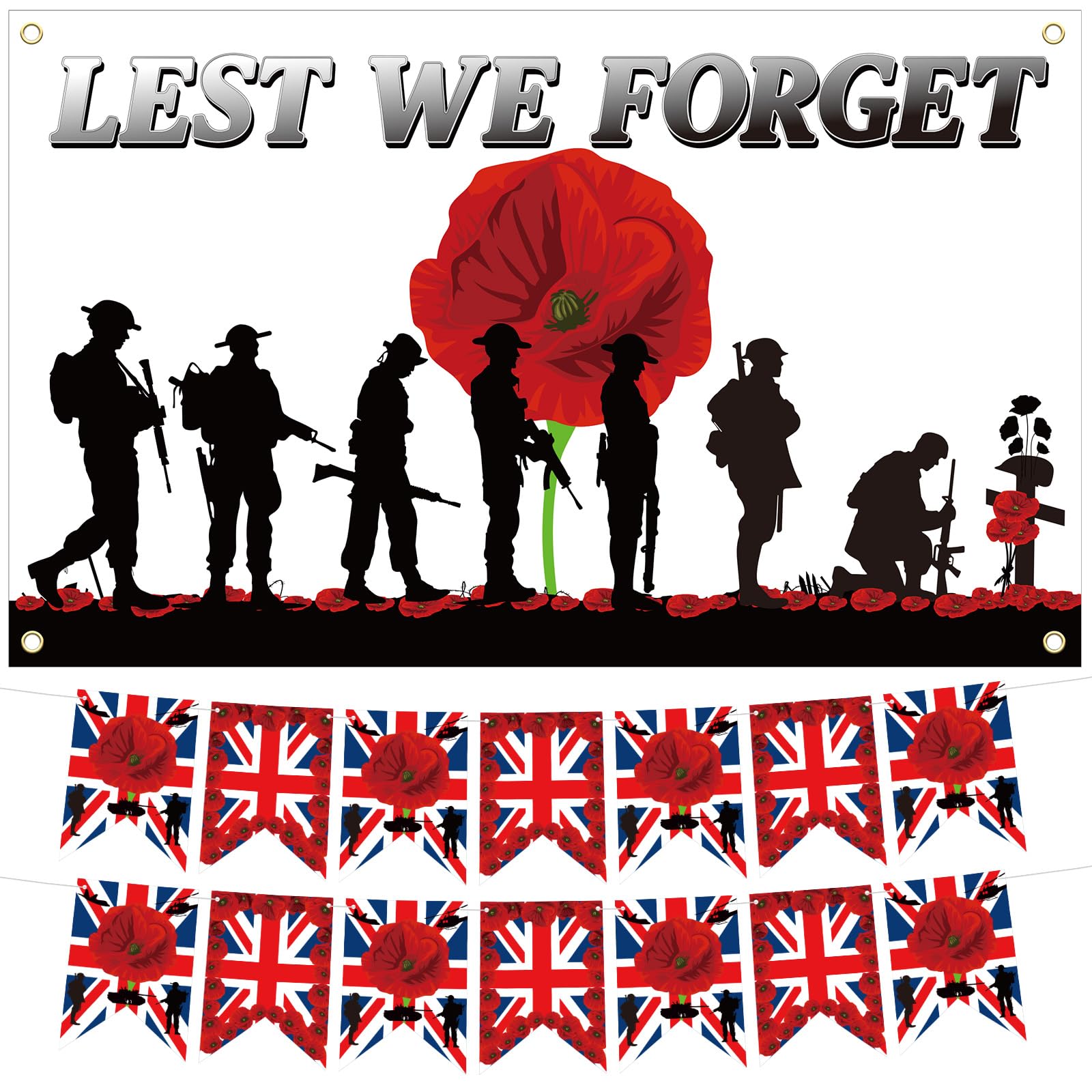 HONMOK 5ft X 3ft Lest We Forget Flag with Remembrance Day Bunting, 2025 Victory in Europe 80th Anniversary Decorations, VE Day Flag, Remembrance Sunday Poppy Flags for Outdoor Garden-White