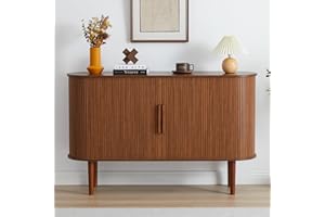 XUZENEST 53''Sideboard Buffer Cabinet with Fluted Slide Doors, Modern Credenza Storage Cabinet, Tambour Bar Cabinet Console Table for Living Dining Room Kitchen Hallway Entryway, Walnut